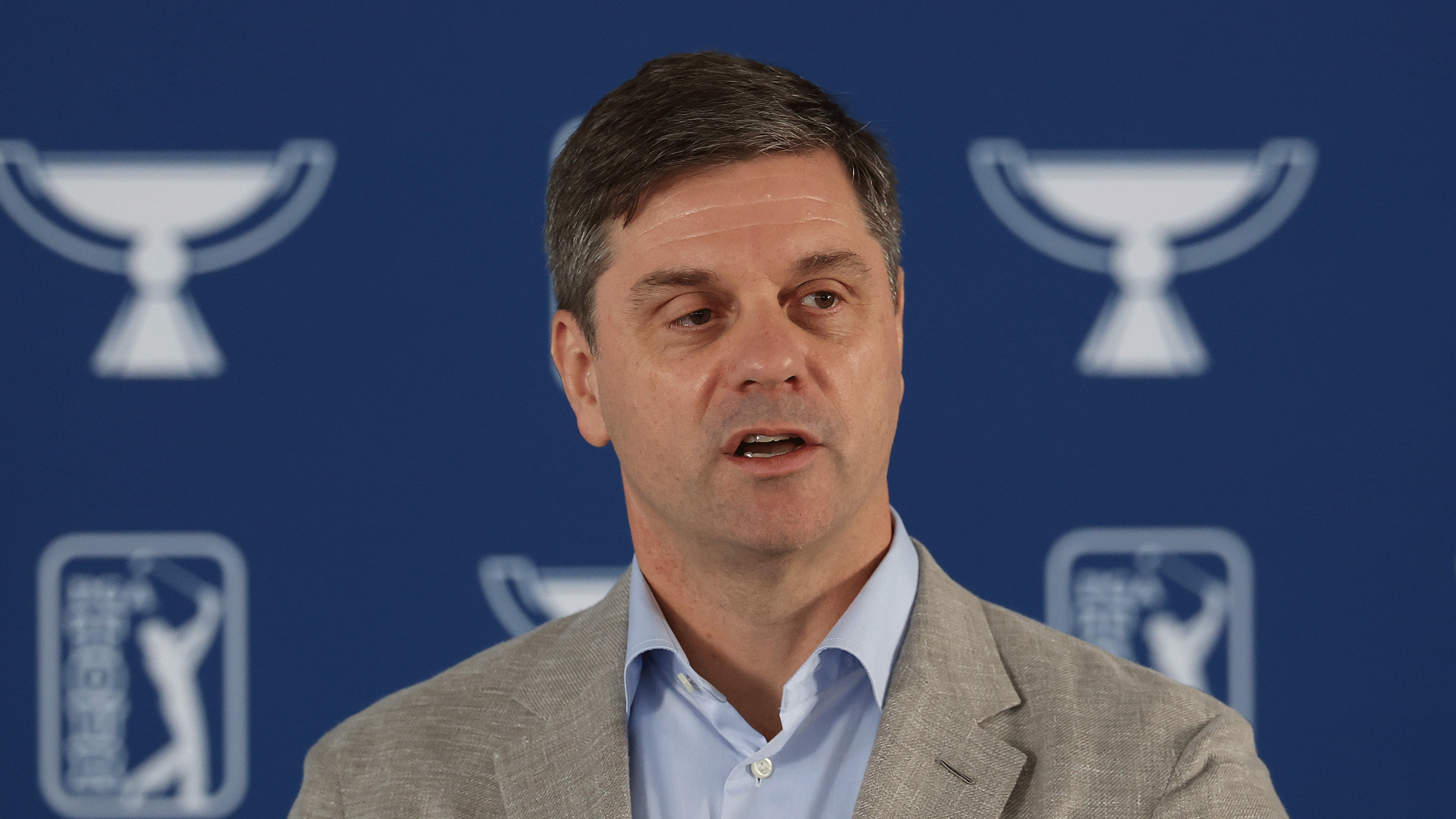 Brian Rolapp speaks during his pre-Tour Championship press conference in August 2025