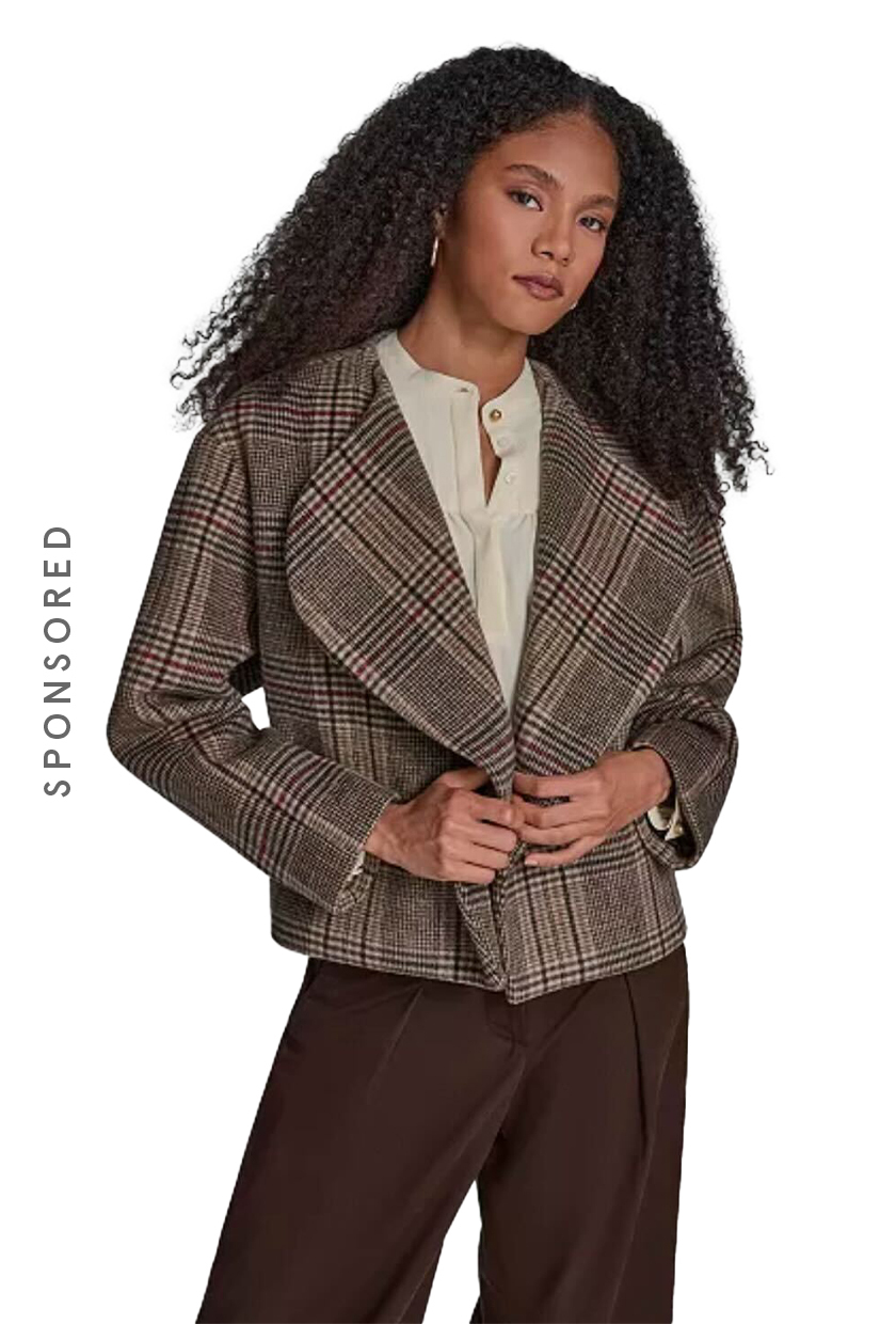 BCBG, Plaid Crop Open Front Jacket
