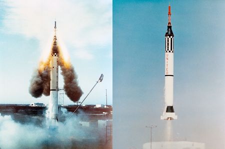 The failed Mercury-Redstone 1 (MR-1) launch on Nov. 21, 1960 (at left) and successful MR-1A lift off on Dec. 19, 1960.