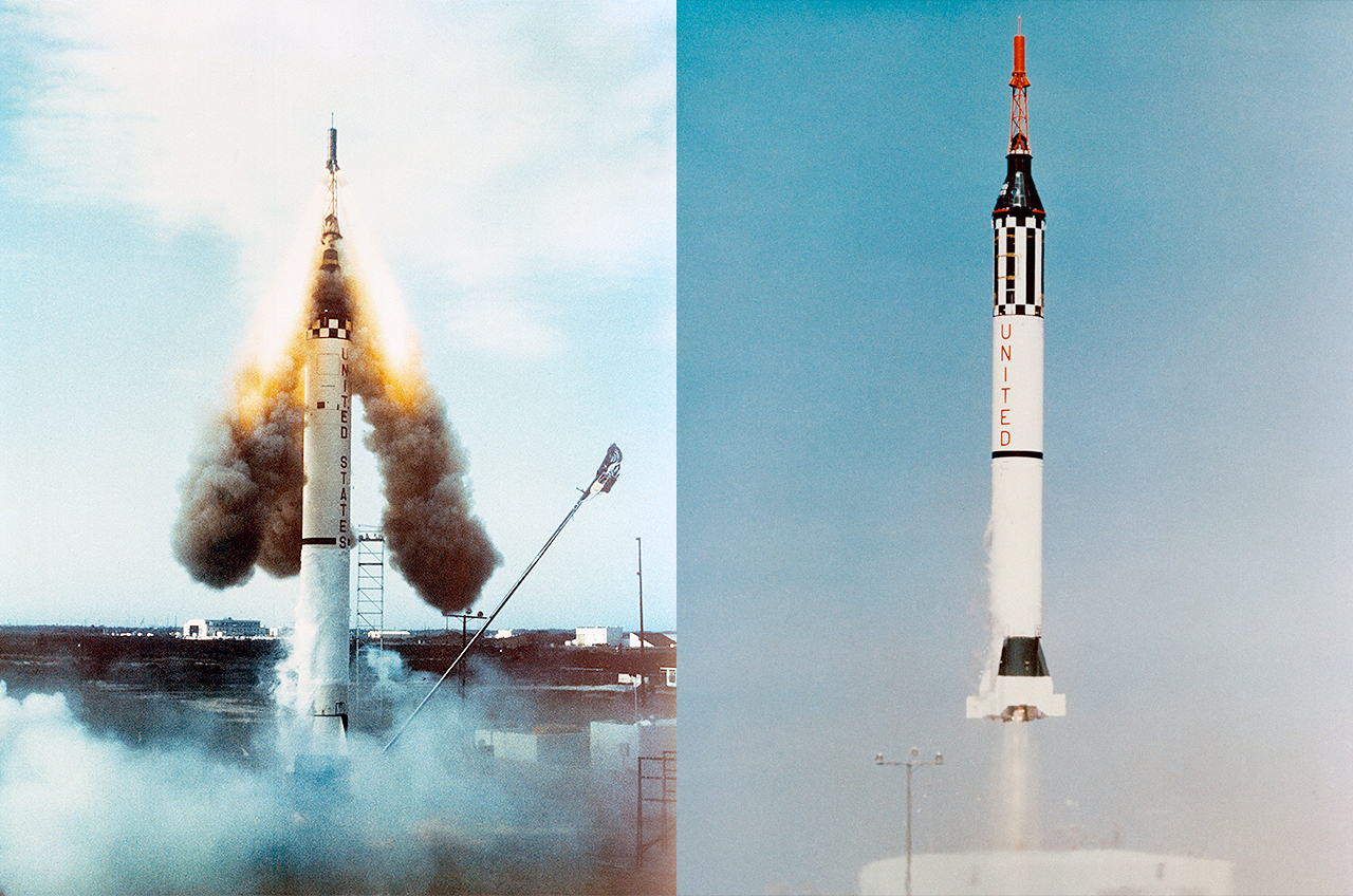 The failed Mercury-Redstone 1 (MR-1) launch on Nov. 21, 1960 (at left) and successful MR-1A liftoff on Dec. 19, 1960.