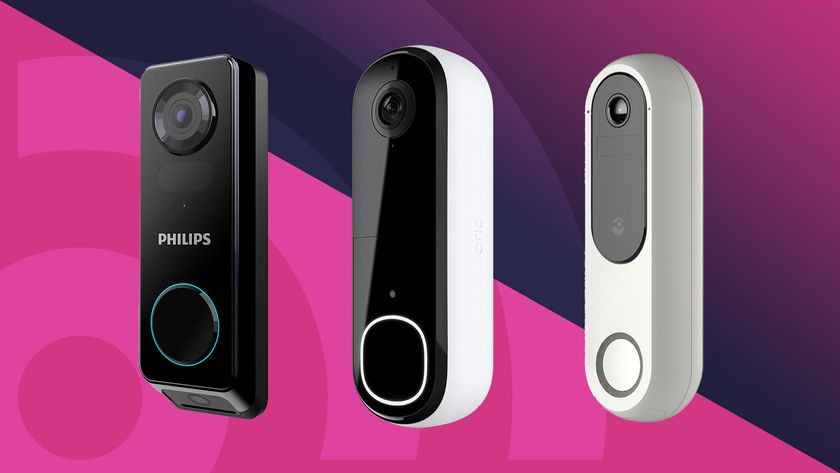 Three video doorbells on pink background