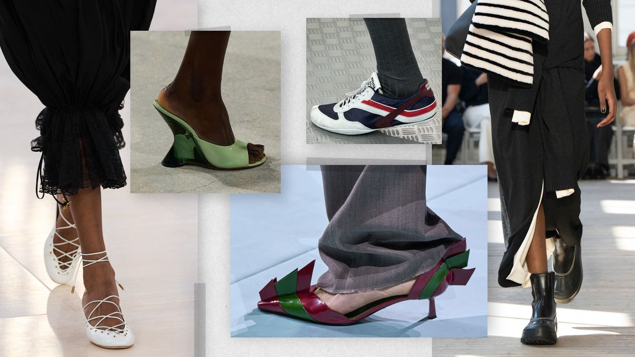 A collage of the spring 2025 shoe trends from Chloé, Dries Van Noten, Prada, Miu Miu, Proenza Schouler Spring 2025 runway shows