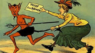 The devil running from a suffragette