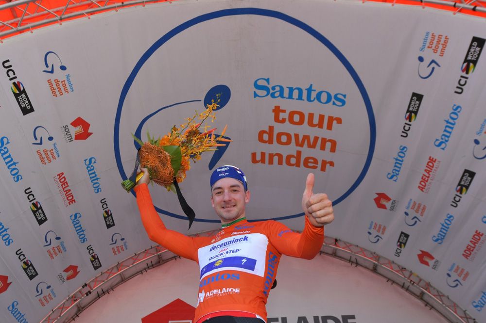 Elia Viviani (Deceuninck - Quick-Step) in the leader's ochre jersey