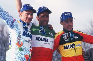 Mapei sweep the 1999 Paris-Roubaix podium with Andrea Tafi taking the victory