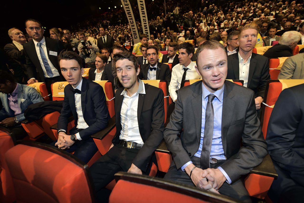 Thibaut Pinot and Chris Froome on the front row of the presentation