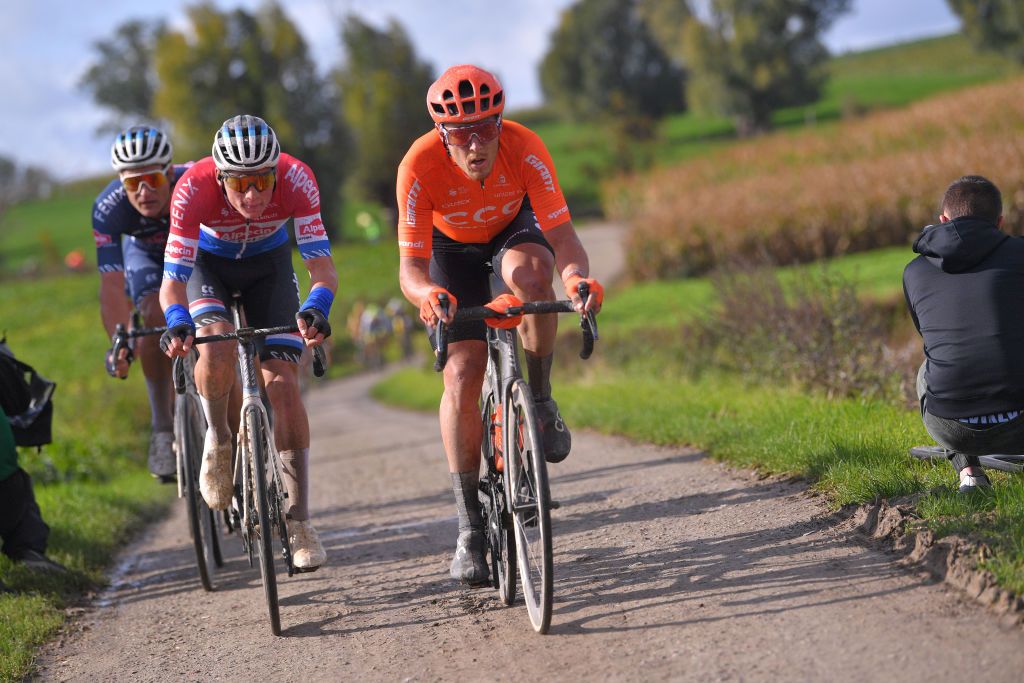 WEVELGEM BELGIUM OCTOBER 11 Gianni Vermeersch of Belgium and Team AlpecinFenix Mathieu Van Der Poel of The Netherlands and Team AlpecinFenix Matteo Trentin of Italy and CCC Team Breakaway during the 82nd GentWevelgem In Flanders Fields 2020 Men Elite a 2325km race from Ypres to Wevelgem GentWevelgem FlandersClassic on October 11 2020 in Wevelgem Belgium Photo by Luc ClaessenGetty Images