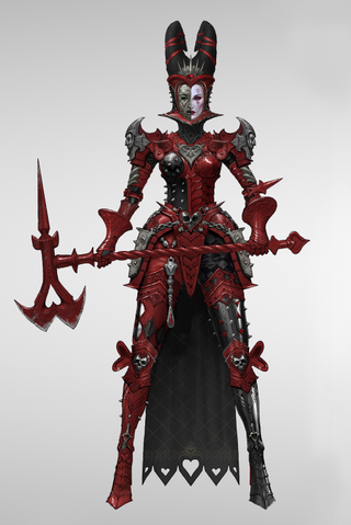 Video game character art designs; a red queen character design dressed in leather armour holding a large axe