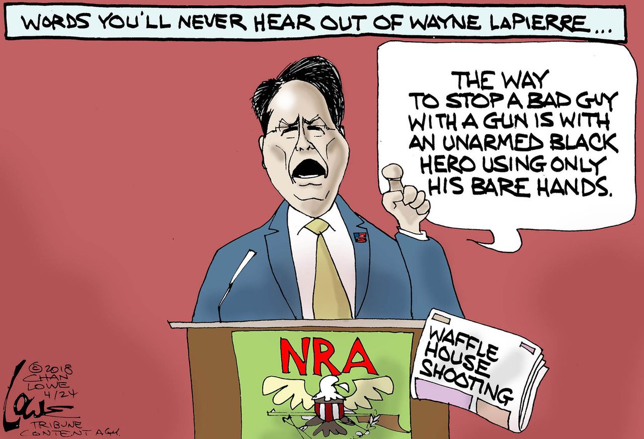 Political cartoon U.S. Wayne LaPierre NRA Waffle House shooting good guy with a gun