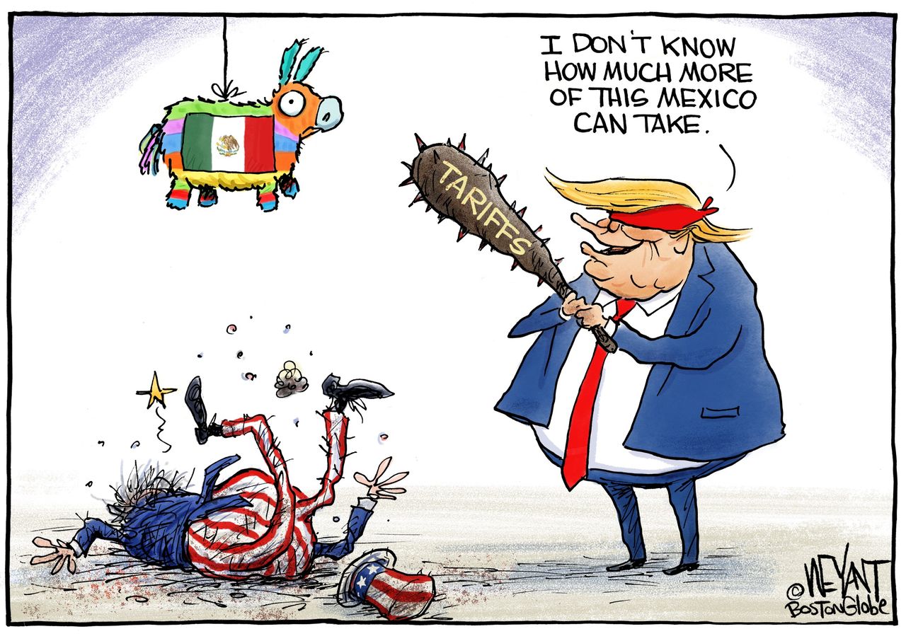 Political Cartoon U.S. Trump Tariffs Pinata Uncle Sam Hurting Americans