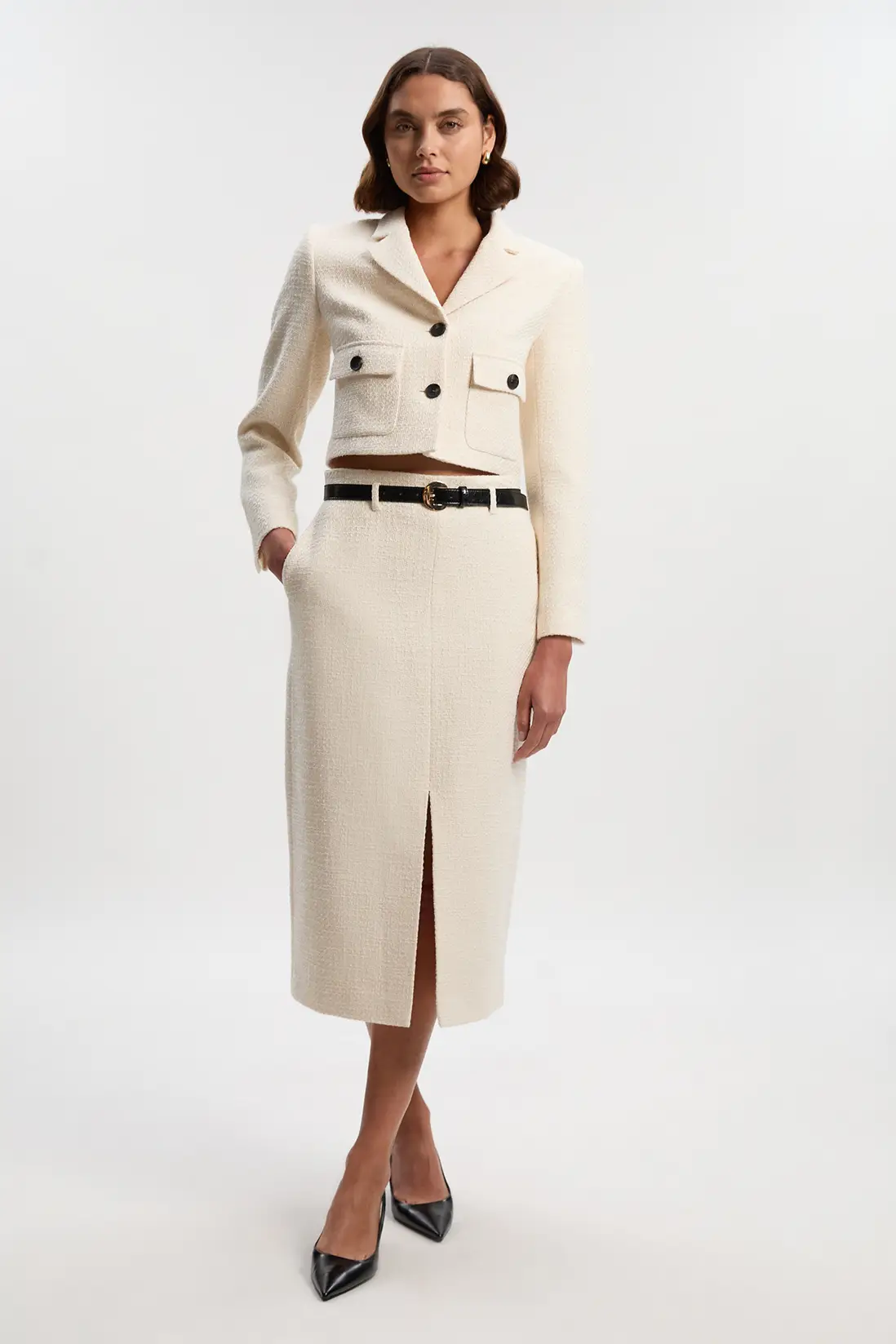 Karen illen, Textured Tweed Belted Tailored Pencil Skirt