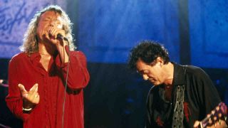 Robert Plant and Jimmy Page onstage at the Montreux Jazz Festival in 2001