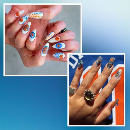 two manicures on hands close-up on a blue background, both with New York Knicks orange and blue details