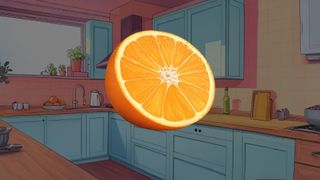 An orange in a kitchen