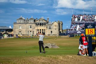 Bryson DeChambeau plays a tee shot on the 18th at St Andrews in the 2022 Open