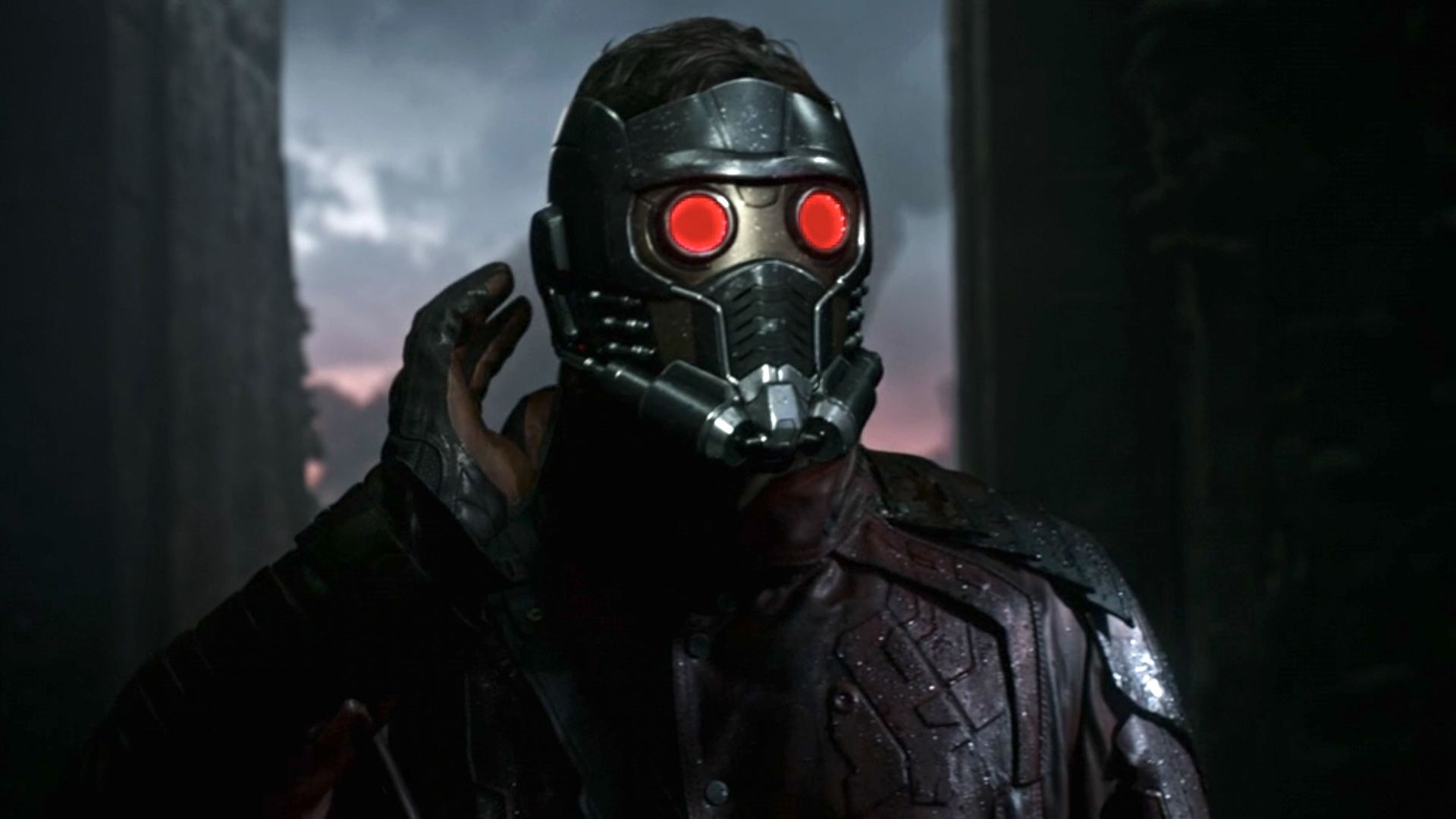 Star-Lord wearing his helmet in his first Guardians of the Galaxy scene.