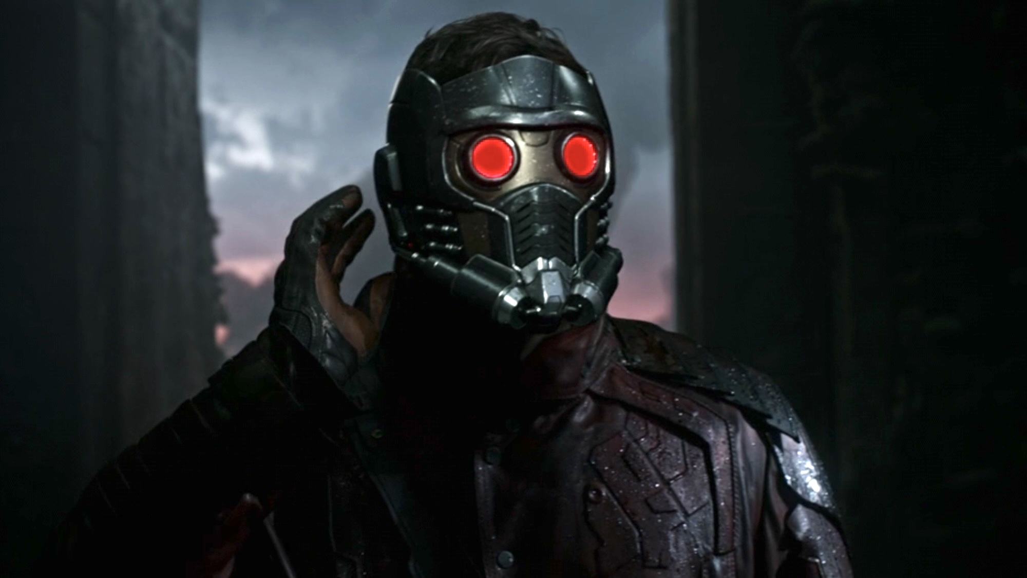 Star-Lord wearing his helmet in his first Guardians of the Galaxy scene.