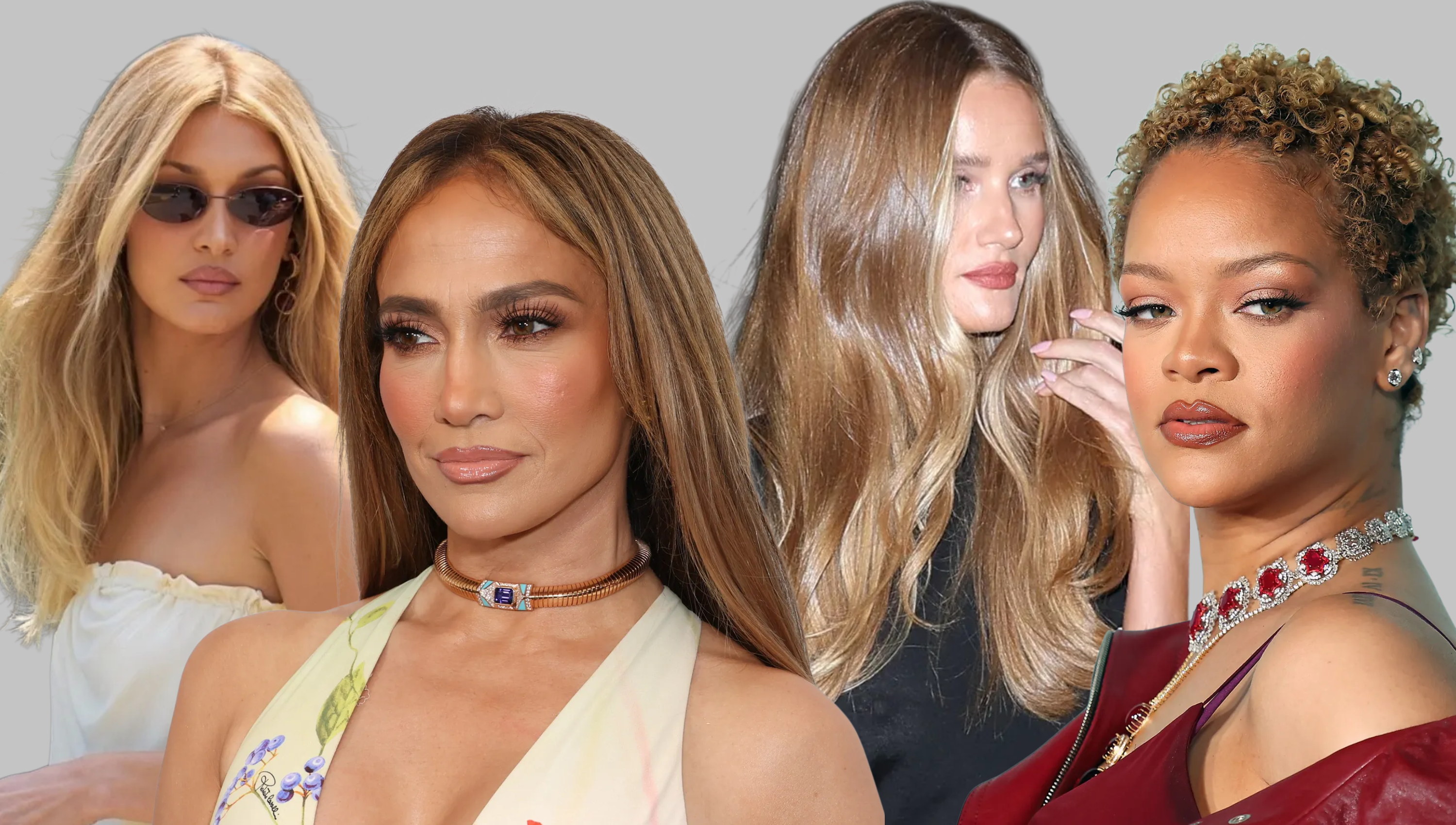 Rosie Huntington-Whiteley, bella hadid, jennifer lopez, and rihanna showing off her honey blonde hair.