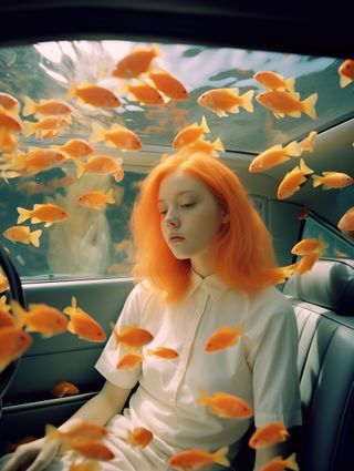 A person with orange hair sits in a car surrounded by swimming gold fish