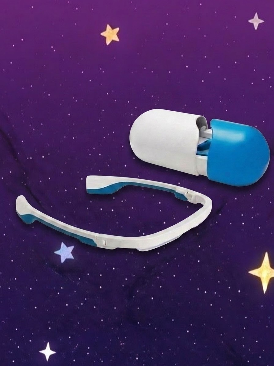 The AYO Blue Light Therapy Glasses and their case against a starry background edited by Gemini