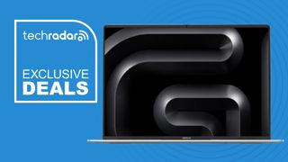 The Geekom M16 laptop on a blue background, next to a TechRadar badge in white that reads 'Exclusive Deals'