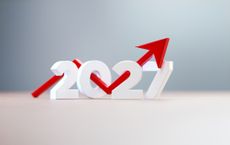 Red upward arrow over the year 2027 with a grey background