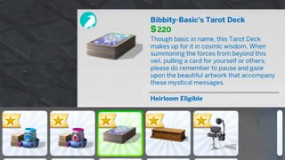 The inventory showing the basic tarot deck in The Sims 4