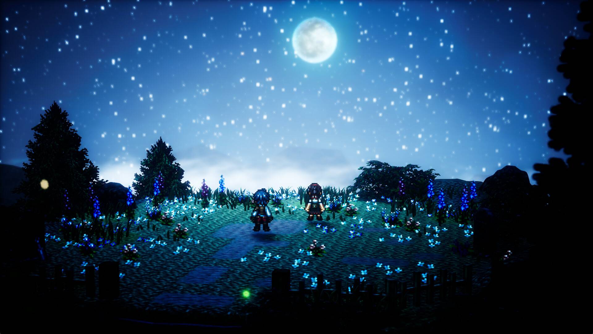 Octopath Traveler 0 screenshot shows two characters stood looking at a starry night sky.