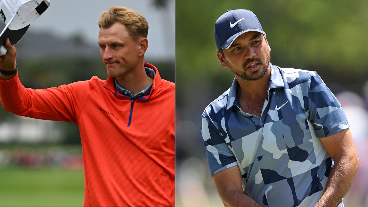 Adrian Meronk waves to the crowd, Jason Day hits a chip shot