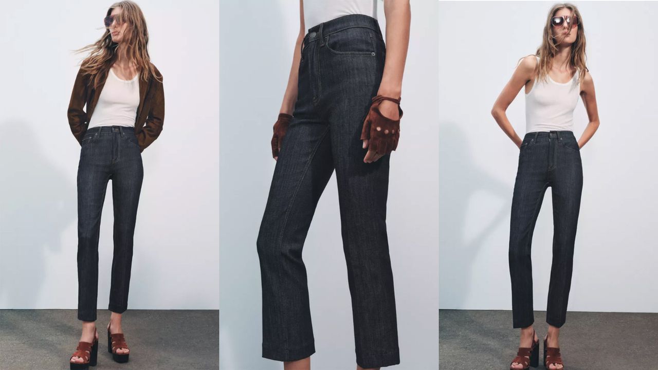 Model wearing bootleg cut jeans from Zara
