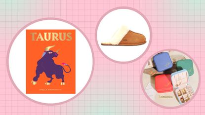 A collage image showing some of the best gifts for Taurus, including a book, UGG slippers, and jewelry box