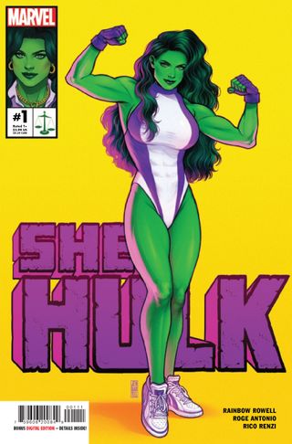 She-Hulk #1 cover by Jen Bartel (with Adam Hughes corner box)