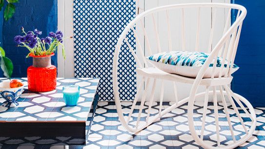 blue wall and geometric floor