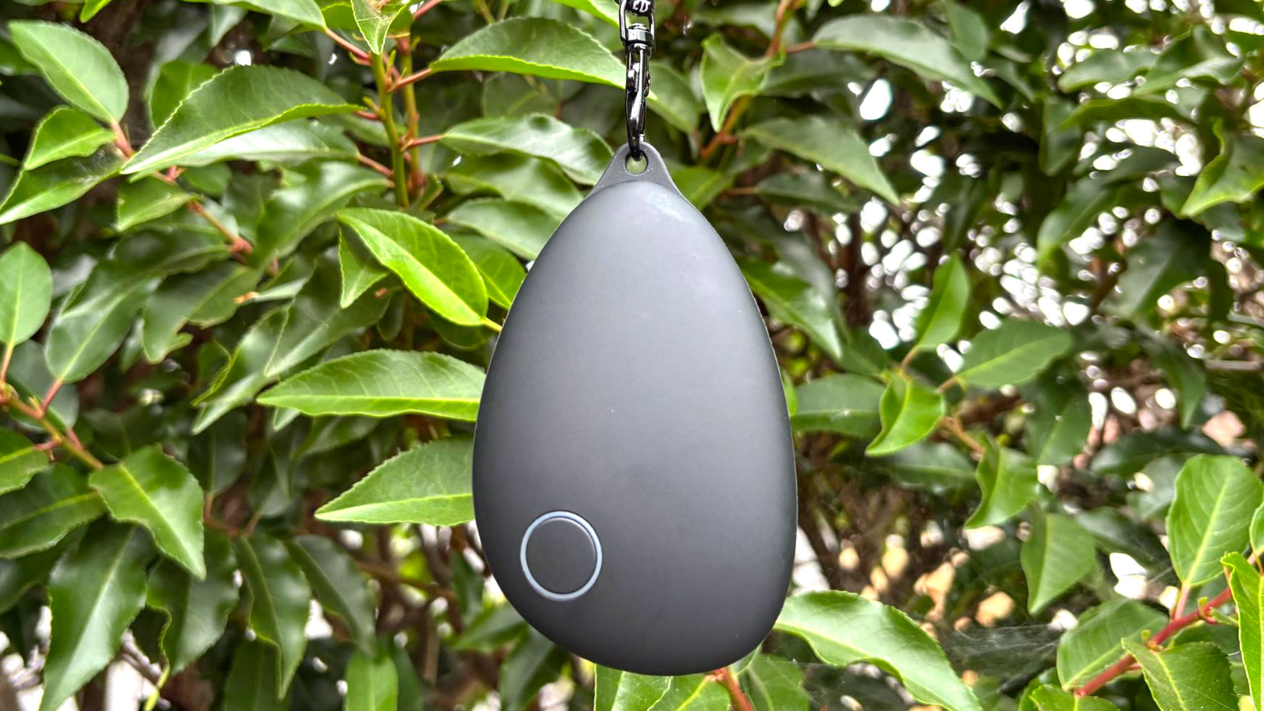 A black, pebble shaped device held up against a green plant