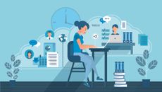 An illustration of a woman working from home while still collaborating with colleagues and customers via the cloud