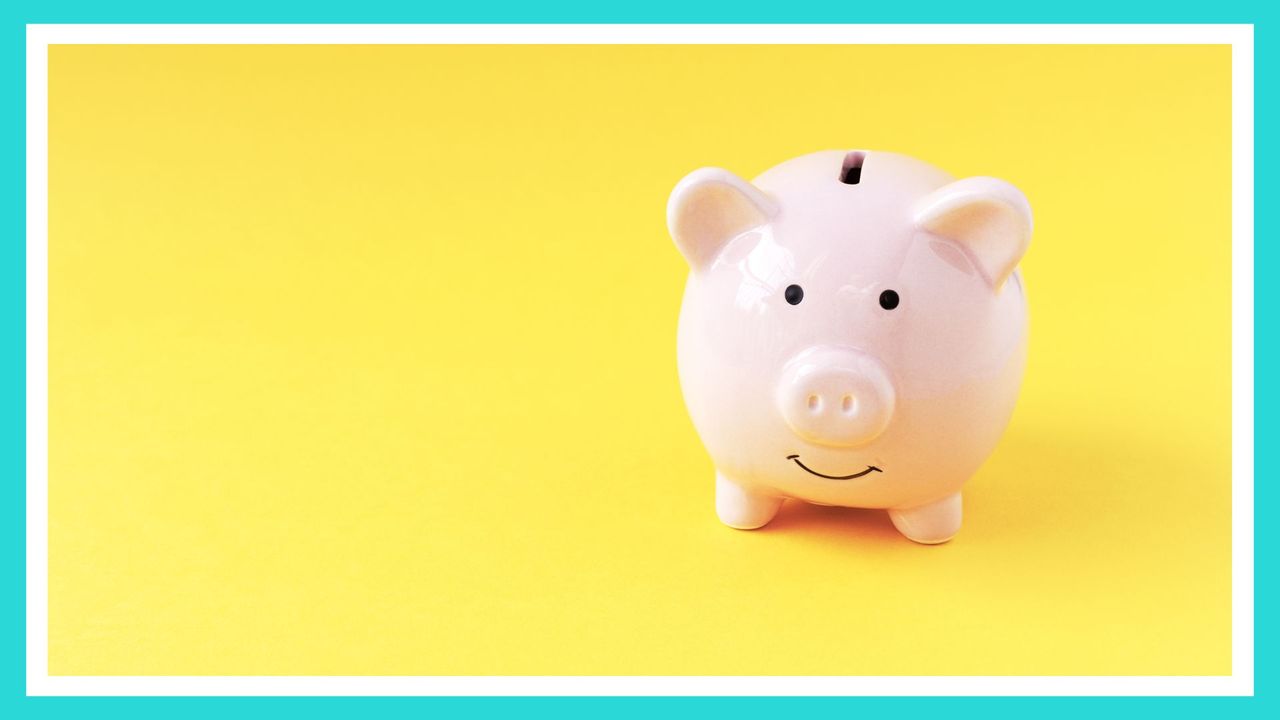 financial wellness tips feature image: a pink piggy bank on a yellow background with a blue border