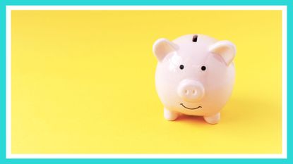 financial wellness tips feature image: a pink piggy bank on a yellow background with a blue border
