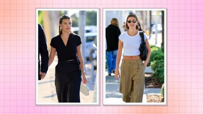 Sofia Richie and Hailey Bieber pictured wearing stylish, minimalist outfits/ in a pink and orange 2 picture template