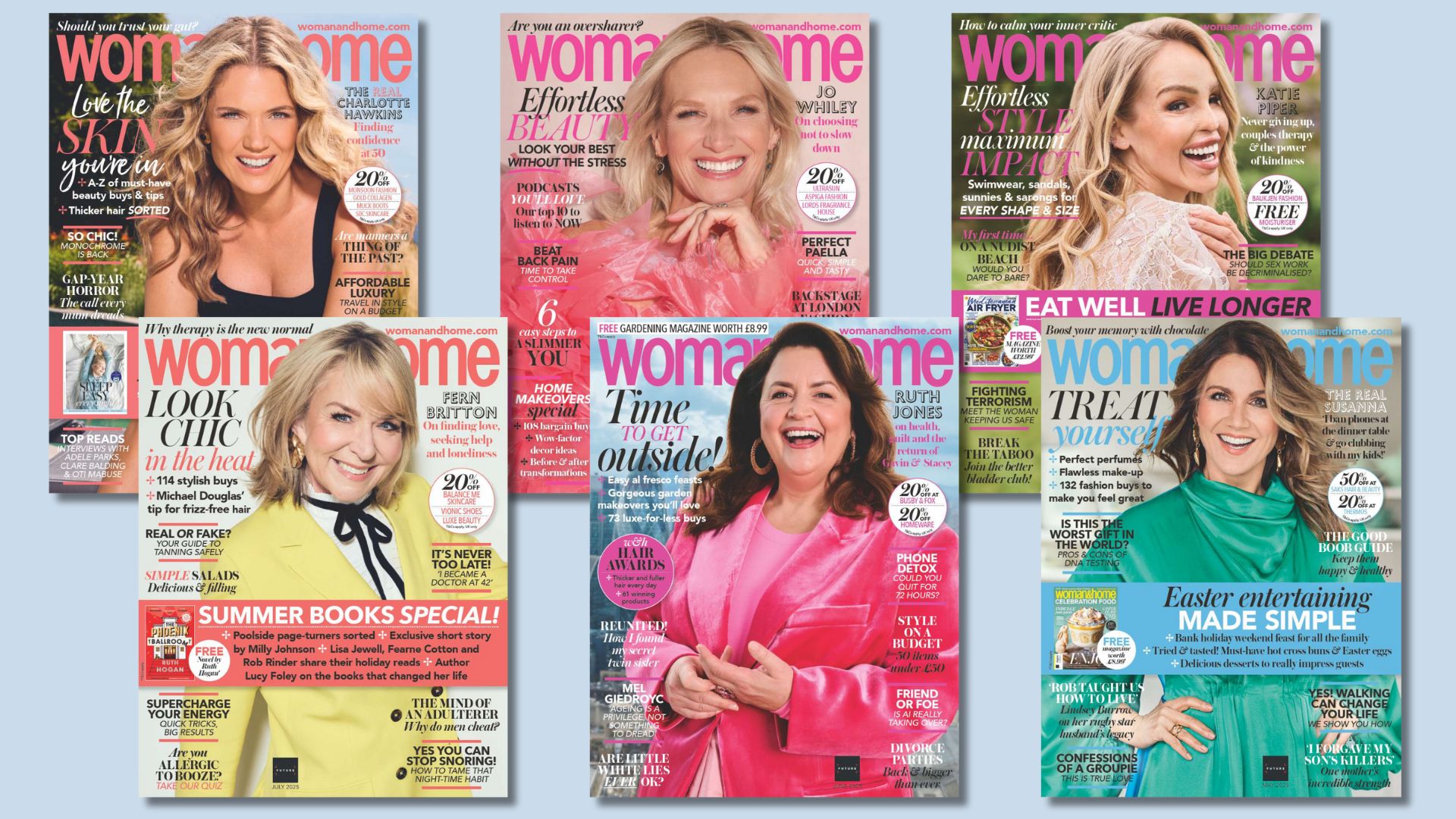 woman&home magazine covers for the Oct-May 2025 issues, featuring Charlotte Hawkins, Jo Whiley, Katy Piper, Fern Britton, Ruth Jones, and Susanna Reid