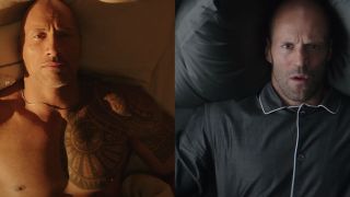 Dwayne Johnson and Jason Statham waking up in a side to side image in Fast and Furious Presents: Hobbs and Shaw.