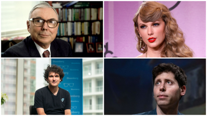 collage containing photos of taylor swift (Photo by Frazer Harrison/Getty), Charlie Munger (Photo by Bonnie Schiffman), Sam Altman (Photo by Joel Saget) and SBF (Photo by Jeenah Moon for Bloomberg)