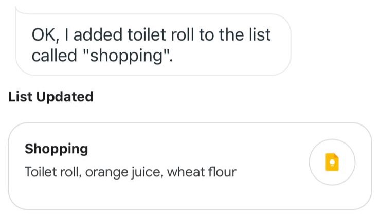 Google Assistant chat, with the app saying it's added toilet roll to the list called shopping