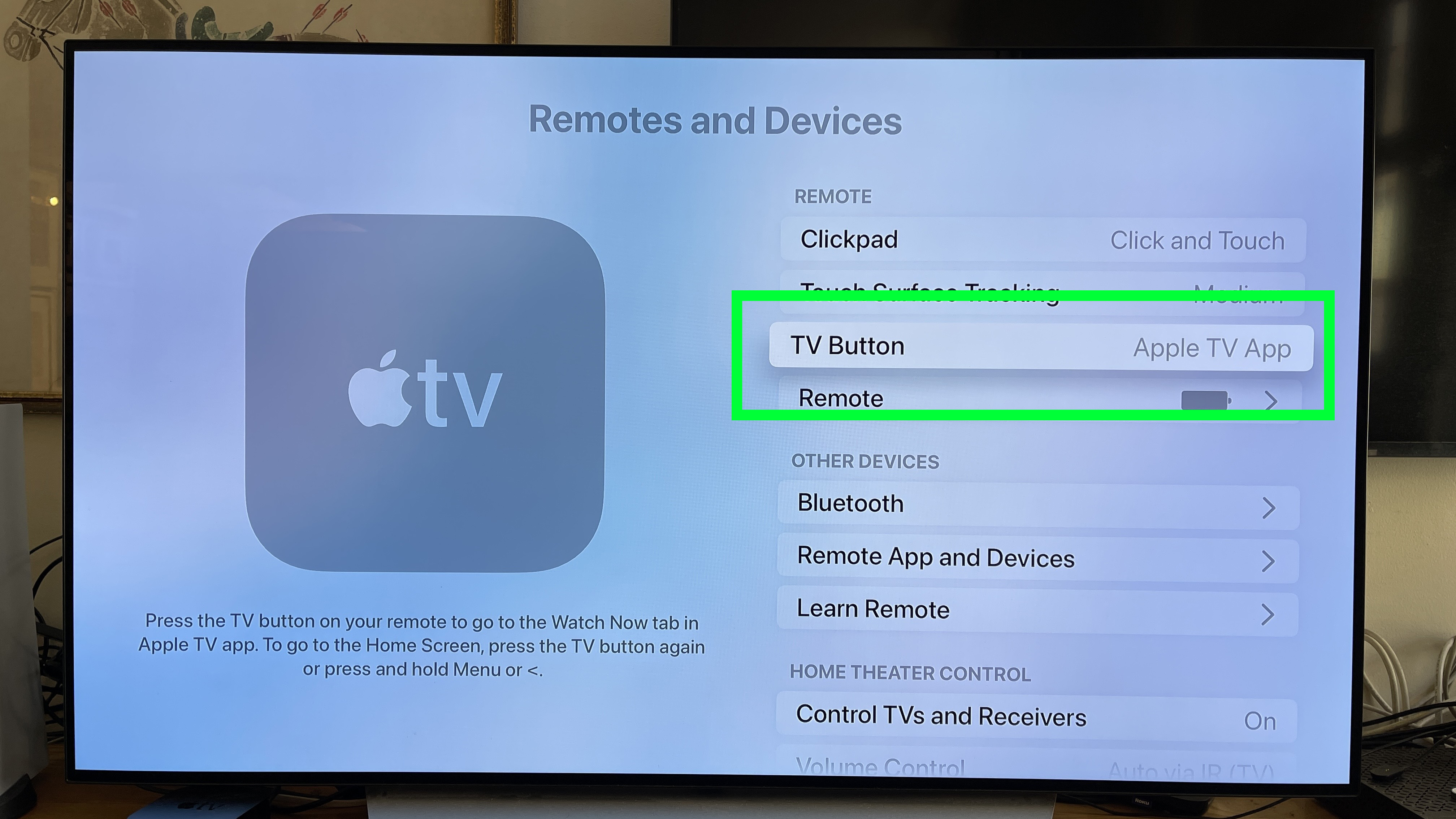 Кнопка TV выделена в приложении «Настройки Apple TV».