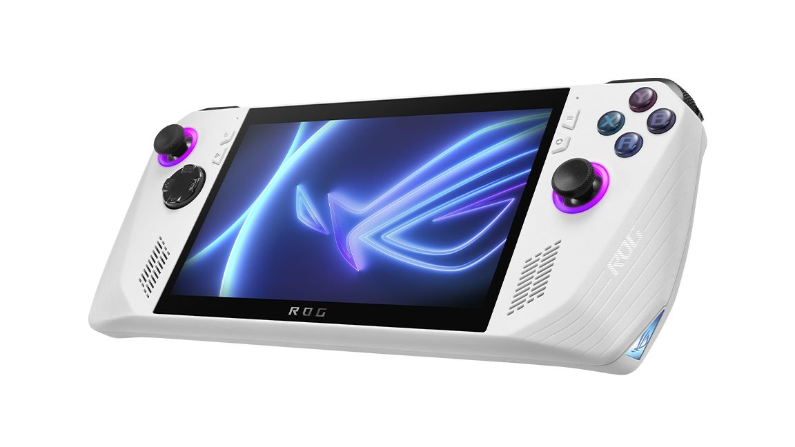 ROG Ally; a white handheld PC games console with an angular design