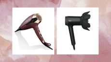 Collage of two of the best hair dryers for fine hair included in this guide from ghd and Shark, on a dark pink watercolour-style background