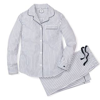 flat lay of stripe long flannel pajamas from petite plume