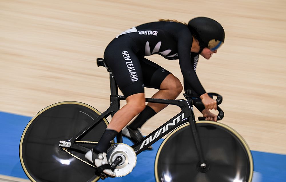 New Zealand's Emma Cumming competes in the women's 200m sprint during the Tissot UCI Track Cycling World Cup