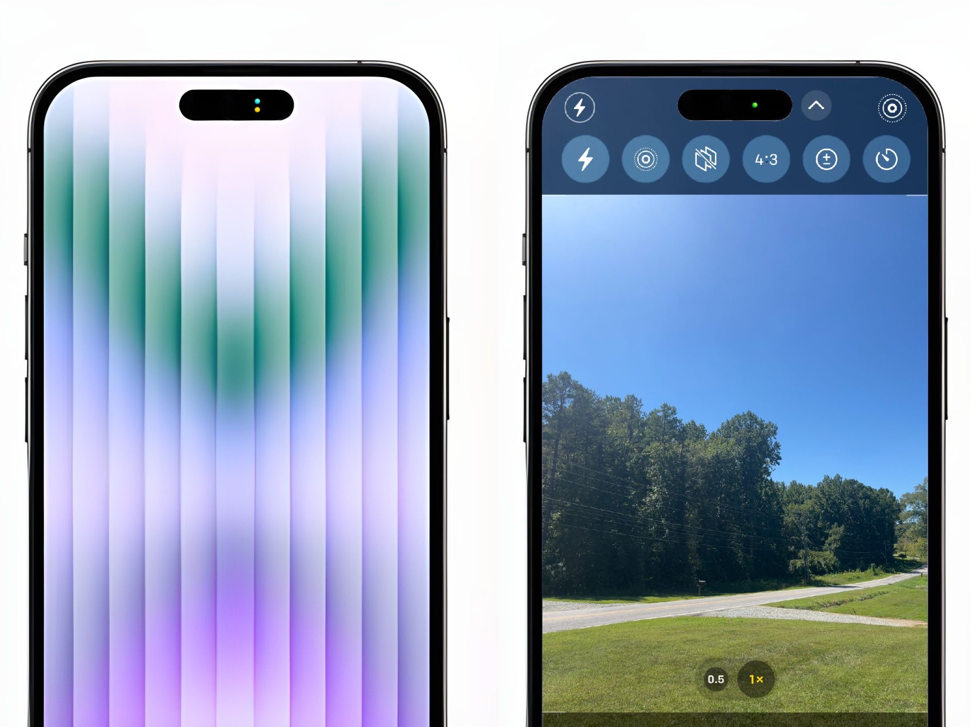 two iPhone 14 Pro models showing how the new pill shape would work with software