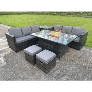 Fimous 8 Seater Outdoor Rattan Garden Furniture Gas Fire Pit Table Sets Gas Heater Lounge Dark Grey Footstool