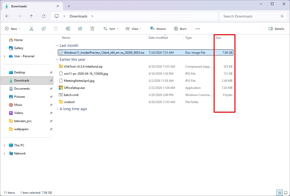 Windows 11 File Explorer Details view with proper file size.